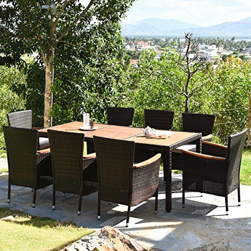 ALIDAM Patio Set Furniture Set 9PCS Rattan Dining Set 8 Stackable Chairs Cushioned Acacia Wood Table Top Is Good For Outdoor Relaxation And Dining Party For Family And Friends Outdoor Garden Furniture