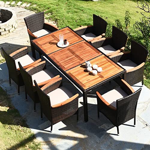 ALIDAM Patio Set Furniture Set 9PCS Rattan Dining Set 8 Stackable Chairs Cushioned Acacia Wood Table Top Is Good For Outdoor Relaxation And Dining Party For Family And Friends Outdoor Garden Furniture