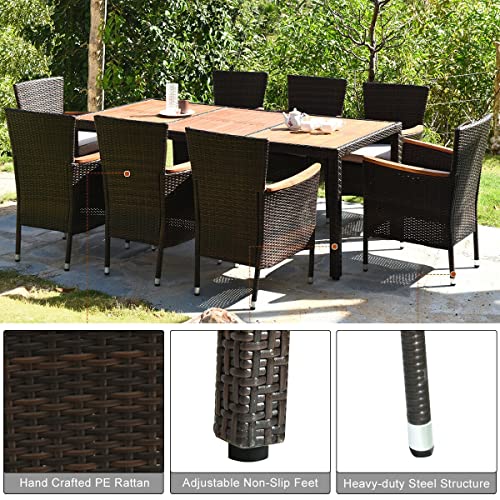 ALIDAM Patio Set Furniture Set 9PCS Rattan Dining Set 8 Stackable Chairs Cushioned Acacia Wood Table Top Is Good For Outdoor Relaxation And Dining Party For Family And Friends Outdoor Garden Furniture