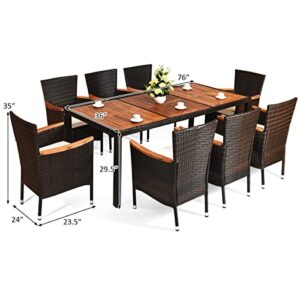 ALIDAM Patio Set Furniture Set 9PCS Rattan Dining Set 8 Stackable Chairs Cushioned Acacia Wood Table Top Is Good For Outdoor Relaxation And Dining Party For Family And Friends Outdoor Garden Furniture