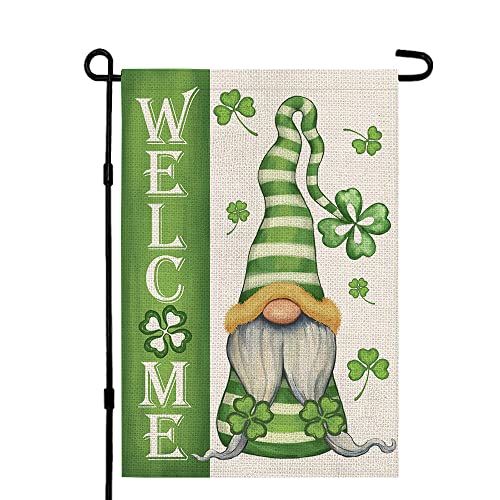 CROWNED BEAUTY St Patricks Day Garden Flag Gnome Shamrock Welcome 12×18 Inch Double Sided Green Clover Small Outside Vertical Holiday Yard Decor