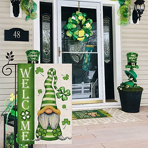 CROWNED BEAUTY St Patricks Day Garden Flag Gnome Shamrock Welcome 12×18 Inch Double Sided Green Clover Small Outside Vertical Holiday Yard Decor