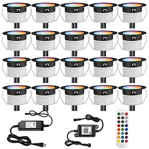 LED Deck Lights Kit, Sumaote 20pcs Φ1.22" WiFi Smart Phone Control Low Voltage Recessed RGBW Deck Lighting Inground Lights Waterproof Outdoor Garden Path Stair Landscape Decor, Black