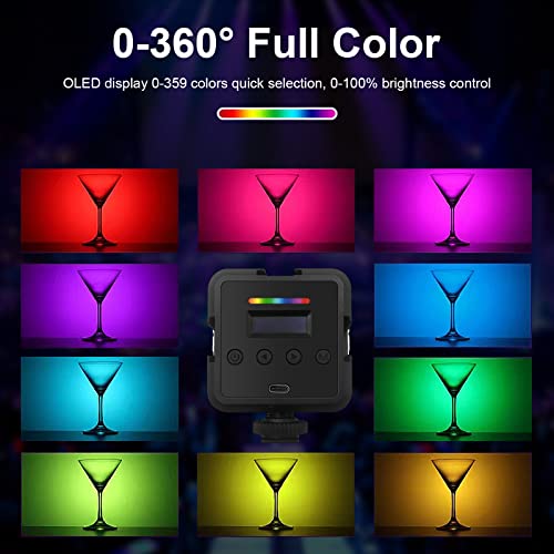 GreatLPT RGB Camera Light, RGB Video Light on Camera 360° Full Color, CRI 95+ 2500-8500K Dimmable, 2000mAh Rechargeable Portable Photography Lighting with OLED Display & 3 Cold Shoe