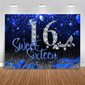 mocsicka sweet 16 birthday backdrop for girls blue and silver swwet sixteen decoration happy 16th birthday banner glitter diamonds background 16 birthday party supplies (7x5ft (82×60 inch))