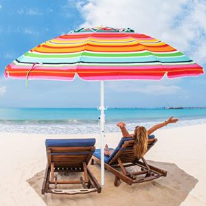 rowhy 6.5ft beach umbrella uv 50+ outdoor portable sunshade umbrella with push button tilt sand anchor and carry bag for patio garden beach pool backyard (red and orange stripe)