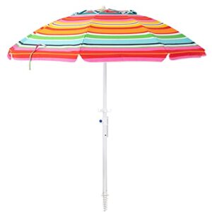 ROWHY 6.5FT Beach Umbrella UV 50+ Outdoor Portable Sunshade Umbrella With Push Button Tilt Sand Anchor and Carry Bag for Patio Garden Beach Pool Backyard (Red and Orange Stripe)