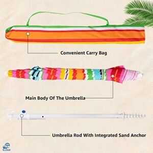 ROWHY 6.5FT Beach Umbrella UV 50+ Outdoor Portable Sunshade Umbrella With Push Button Tilt Sand Anchor and Carry Bag for Patio Garden Beach Pool Backyard (Red and Orange Stripe)