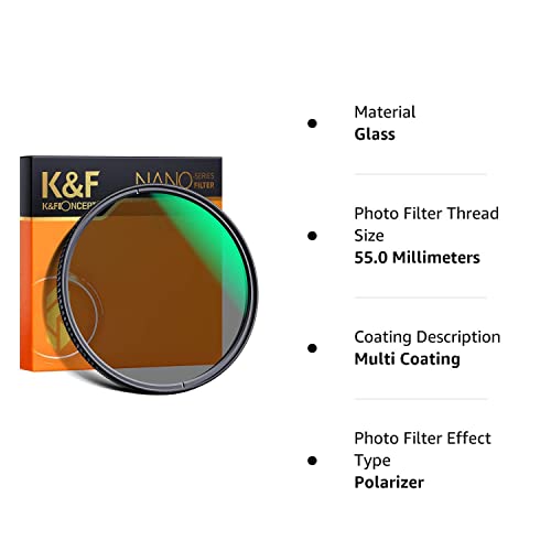 55mm Circular Polarizers Filter, K&F Concept 55MM Circular Polarizer Filter HD 28 Layer Super Slim Multi-Coated CPL Lens Filter (Nano-X Series)