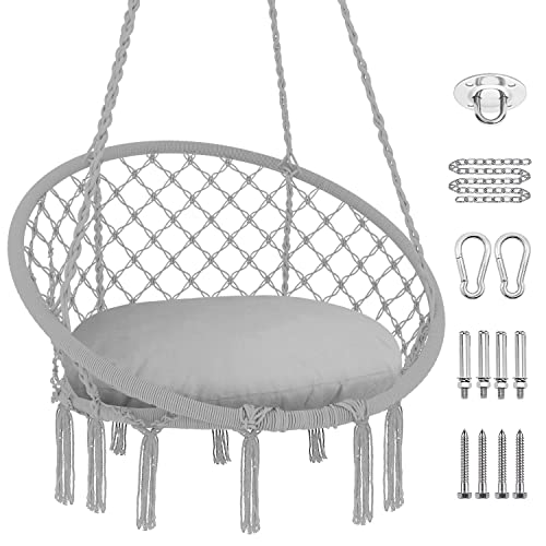 Patio Watcher Hammock Chair Hanging Macrame Swing with Cushion and Hardware Kits, Max 330 Lbs, Handmade Knitted Mesh Rope Swing Chair for Indoor, Outdoor, Bedroom, Patio, Yard, Deck, Garden, Gray