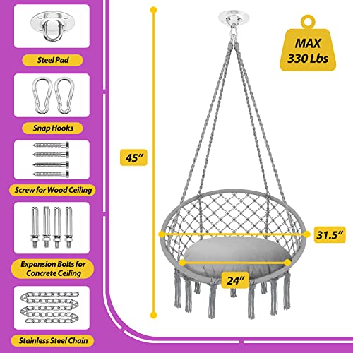 Patio Watcher Hammock Chair Hanging Macrame Swing with Cushion and Hardware Kits, Max 330 Lbs, Handmade Knitted Mesh Rope Swing Chair for Indoor, Outdoor, Bedroom, Patio, Yard, Deck, Garden, Gray