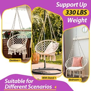 Patio Watcher Hammock Chair Hanging Macrame Swing with Cushion and Hardware Kits, Max 330 Lbs, Handmade Knitted Mesh Rope Swing Chair for Indoor, Outdoor, Bedroom, Patio, Yard, Deck, Garden, Gray