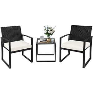 crownland outdoor patio furniture 3 piece bistro set chairs wicker rattan conversation furniture and thickened cushions,glass coffee table for backyard porch poolside lawn(beige)