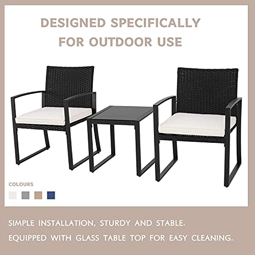 Crownland Outdoor Patio Furniture 3 Piece Bistro Set Chairs Wicker Rattan Conversation Furniture and Thickened Cushions,Glass Coffee Table for Backyard Porch Poolside Lawn(Beige)