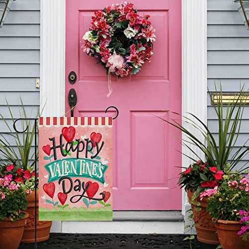 Covido Home Decorative Happy Valentine's Day Love Garden Flag, Pink Heart Yard Anniversary Outside Decorations, Wedding Engagement Outdoor Small Decor Double Sided 12x18