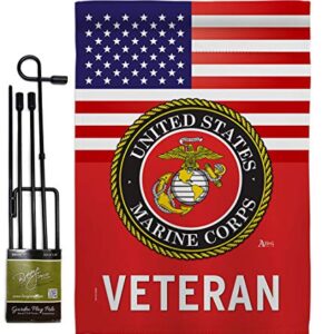 US Marine Corps Veteran Garden Flag - Set with Stand Armed Forces USMC Semper Fi United State American Military Retire Official - House Banner Small Yard Gift Double-Sided Made in USA 13 X 18.5