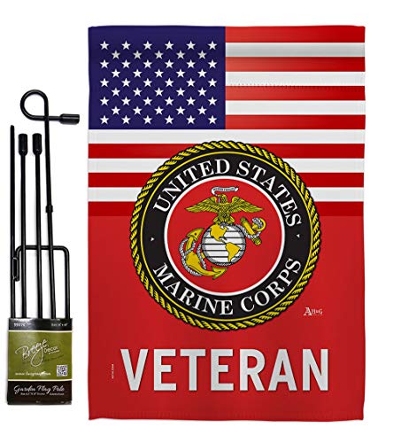 US Marine Corps Veteran Garden Flag - Set with Stand Armed Forces USMC Semper Fi United State American Military Retire Official - House Banner Small Yard Gift Double-Sided Made in USA 13 X 18.5