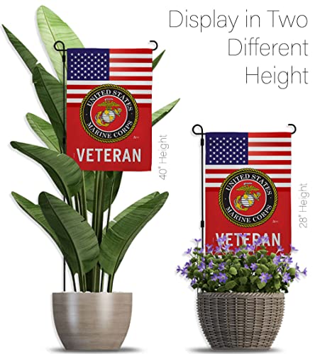 US Marine Corps Veteran Garden Flag - Set with Stand Armed Forces USMC Semper Fi United State American Military Retire Official - House Banner Small Yard Gift Double-Sided Made in USA 13 X 18.5