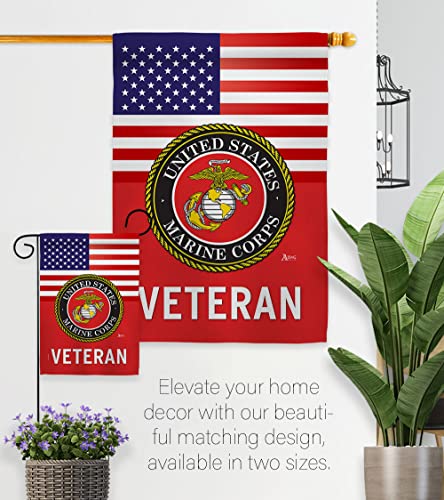 US Marine Corps Veteran Garden Flag - Set with Stand Armed Forces USMC Semper Fi United State American Military Retire Official - House Banner Small Yard Gift Double-Sided Made in USA 13 X 18.5