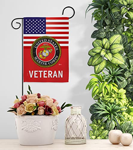 US Marine Corps Veteran Garden Flag - Set with Stand Armed Forces USMC Semper Fi United State American Military Retire Official - House Banner Small Yard Gift Double-Sided Made in USA 13 X 18.5