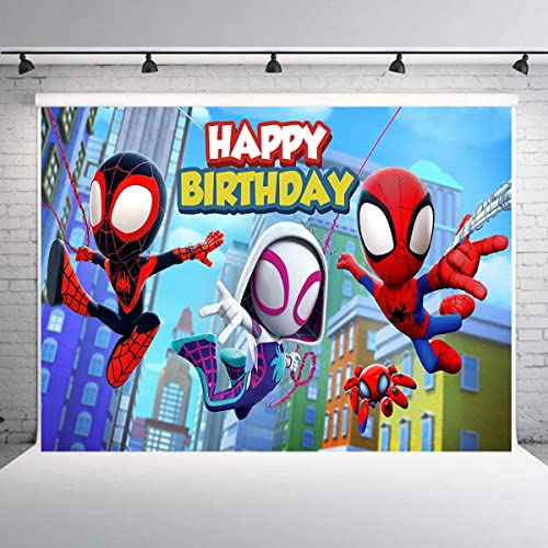 Spidey and His Amazing Friends Backdrop, Cartoon Spider Themed Photography Backdrops for Girl Kids Happy Birthday Party Photo Background (7x5FT)