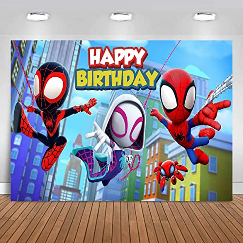 Spidey and His Amazing Friends Backdrop, Cartoon Spider Themed Photography Backdrops for Girl Kids Happy Birthday Party Photo Background (7x5FT)