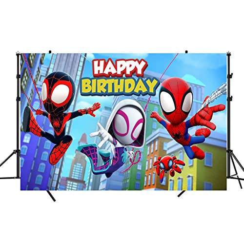Spidey and His Amazing Friends Backdrop, Cartoon Spider Themed Photography Backdrops for Girl Kids Happy Birthday Party Photo Background (7x5FT)