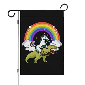 funny unicorn riding t-rex dinosaur rainbow garden flag yard home flag 18 x 12.5 inch