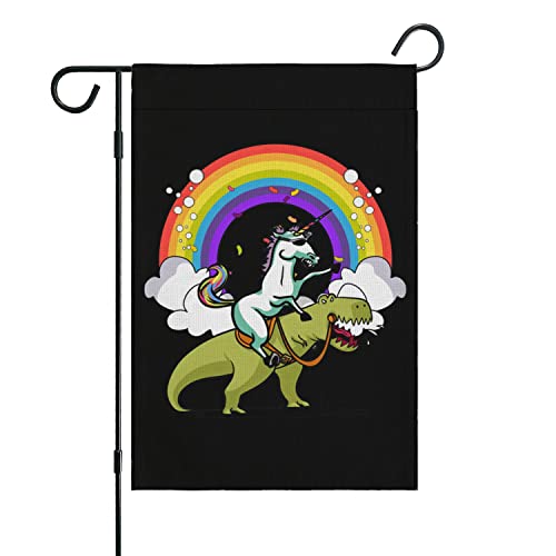 Funny Unicorn Riding T-Rex Dinosaur Rainbow Garden Flag Yard Home Flag 18 x 12.5 Inch