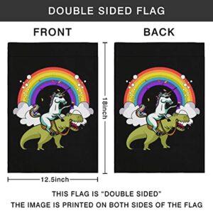 Funny Unicorn Riding T-Rex Dinosaur Rainbow Garden Flag Yard Home Flag 18 x 12.5 Inch