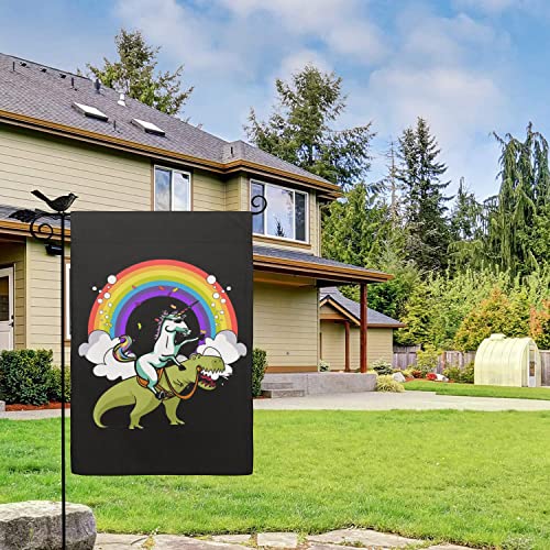 Funny Unicorn Riding T-Rex Dinosaur Rainbow Garden Flag Yard Home Flag 18 x 12.5 Inch