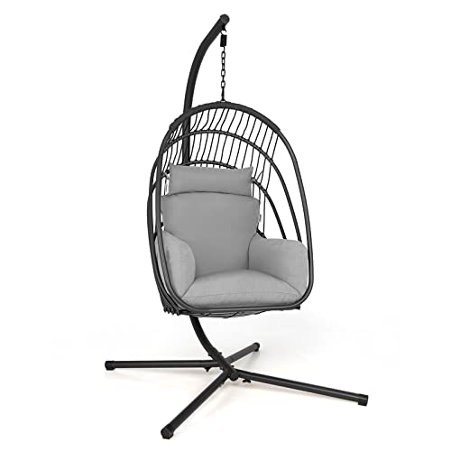 Giantex Egg Chair Hammock Stand - Hanging Swing with Stand, Folding Swinging Chair with Soft Cushion & Pillow, Wicker Rattan Hanging Chair for Bedroom,Garden, Patio Foldable Hammock Chair (Grey)