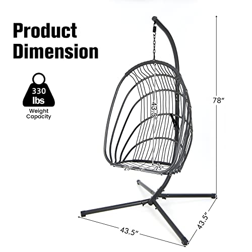 Giantex Egg Chair Hammock Stand - Hanging Swing with Stand, Folding Swinging Chair with Soft Cushion & Pillow, Wicker Rattan Hanging Chair for Bedroom,Garden, Patio Foldable Hammock Chair (Grey)