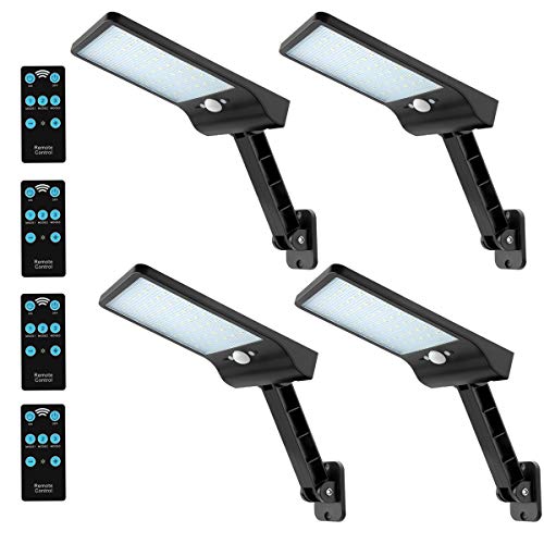 Auzev Remote Solar Lights Outdoor 4 Pack 56 Led Street lamp Motion Sensor 180° Adjustable Bracket Security Night Street Light 3 Lighting Modes for Deck Road Patio Courtyard Garden Park