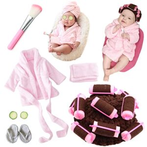 spokki newborn photography props 7 pcs newborn girl photoshoot outfits babies robe props with bath towel slippers cucumber curler hat makeup brush for infant boys girls