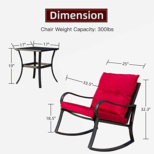 Domi Outdoor Bistro Set 3 Pieces Rocking Chairs Wicker with Curved Armrest Patio Furniture with Glass Top Coffee Table (Red Cushion)