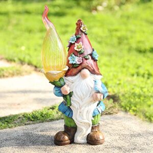 ovewios garden gnome statue – large gnomes figurine in red flower hat with solar light resin garden decoration for outside patio yard lawn porch outdoor summer decoration gifts…