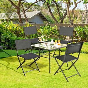 Tangkula Patio Folding Chairs Set of 4, Outdoor Portable Camping Chairs with Breathable Fabric Backrest & Seat, Heavy Duty Steel Dining Chairs Sling Chairs for Poolside, Yard, Garden, Deck, Lawn