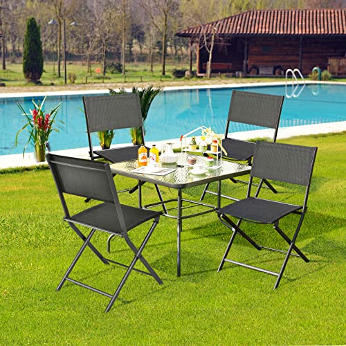 Tangkula Patio Folding Chairs Set of 4, Outdoor Portable Camping Chairs with Breathable Fabric Backrest & Seat, Heavy Duty Steel Dining Chairs Sling Chairs for Poolside, Yard, Garden, Deck, Lawn