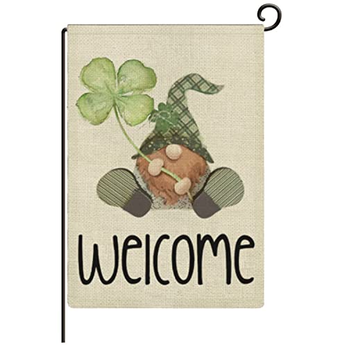 Welcome St Patrick's Day Green Shamrock Clovers Leaf Lucky Double Sided Garden Yard Flag 12" x 18", Irish Leprechaun Gold Pot Coin Rainbow Horseshoe Beers Decorative Garden Flag Banner for Outdoor Home-L13