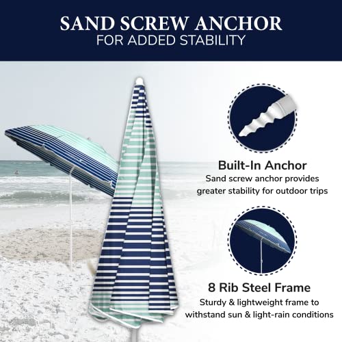 Caribbean Joe Chaby International Portable, Adjustable Tilt Beach Umbrella with UV Protection | Vented Canopy, Built-in Sand Screw Anchor, Carry Bag | 6 FT (Horizon Stripe) (CJ-UV72HS)