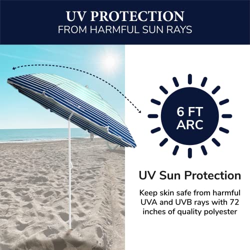 Caribbean Joe Chaby International Portable, Adjustable Tilt Beach Umbrella with UV Protection | Vented Canopy, Built-in Sand Screw Anchor, Carry Bag | 6 FT (Horizon Stripe) (CJ-UV72HS)