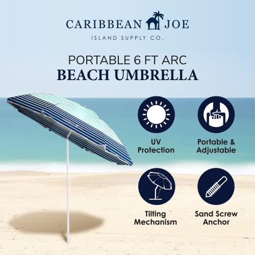 Caribbean Joe Chaby International Portable, Adjustable Tilt Beach Umbrella with UV Protection | Vented Canopy, Built-in Sand Screw Anchor, Carry Bag | 6 FT (Horizon Stripe) (CJ-UV72HS)