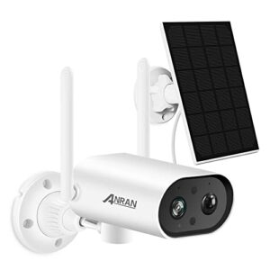 anran security cameras wireless outdoor with pr 180°, 2k solar security camera outdoor with solar panel, pir human detection, 2-way talk, night vision, ip65 waterproof, compatible with alexa, s2 white