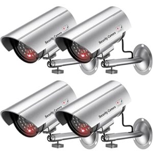 wali bullet dummy fake surveillance security cctv dome camera indoor outdoor with one led light warning security alert sticker decals (tc-s4), 4 packs, silver