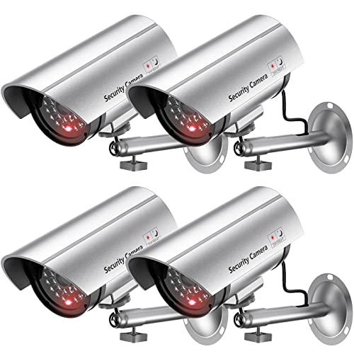 WALI Bullet Dummy Fake Surveillance Security CCTV Dome Camera Indoor Outdoor with one LED Light Warning Security Alert Sticker Decals (TC-S4), 4 Packs, Silver