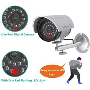 WALI Bullet Dummy Fake Surveillance Security CCTV Dome Camera Indoor Outdoor with one LED Light Warning Security Alert Sticker Decals (TC-S4), 4 Packs, Silver