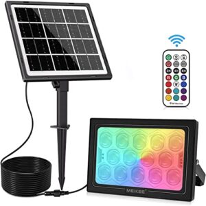 meikee rgbw solar flood light outdoor with remote, rgb color changing 2700k ip66 waterproof led solar powered lights, dimmable timing strobe halloween floodlight landscape light for patio party garden