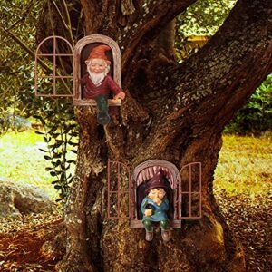2 pieces garden gnome statue elf out the door tree hugger garden peeker yard art tree sculpture tree gnome decoration outdoor for patio yard lawn porch ornament (classic style)