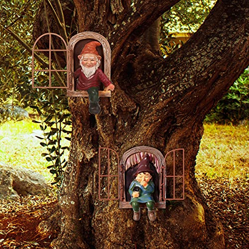 2 Pieces Garden Gnome Statue Elf Out The Door Tree Hugger Garden Peeker Yard Art Tree Sculpture Tree Gnome Decoration Outdoor for Patio Yard Lawn Porch Ornament (Classic Style)